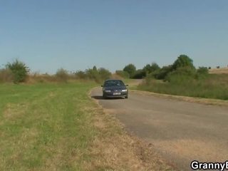 Hitchhiking 70 years old granny riding roadside